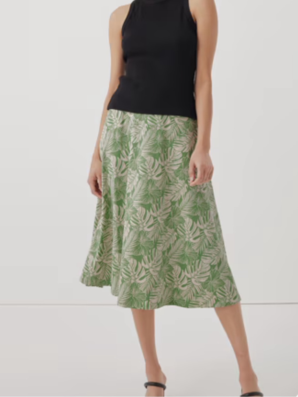 Pact Green Tropical Leaf A-Line Midi Skirt NWT
